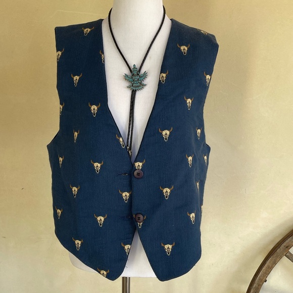 WESTERN SOUTHWESTERN VEST Reversible Embroidered Long Horn Skulls Navy Blue M - Picture 1 of 10